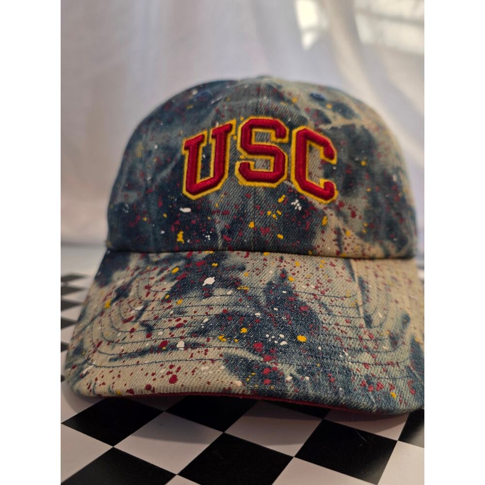 USC Distressed Splatter Denim Baseball Cap - Red & Gold Logo